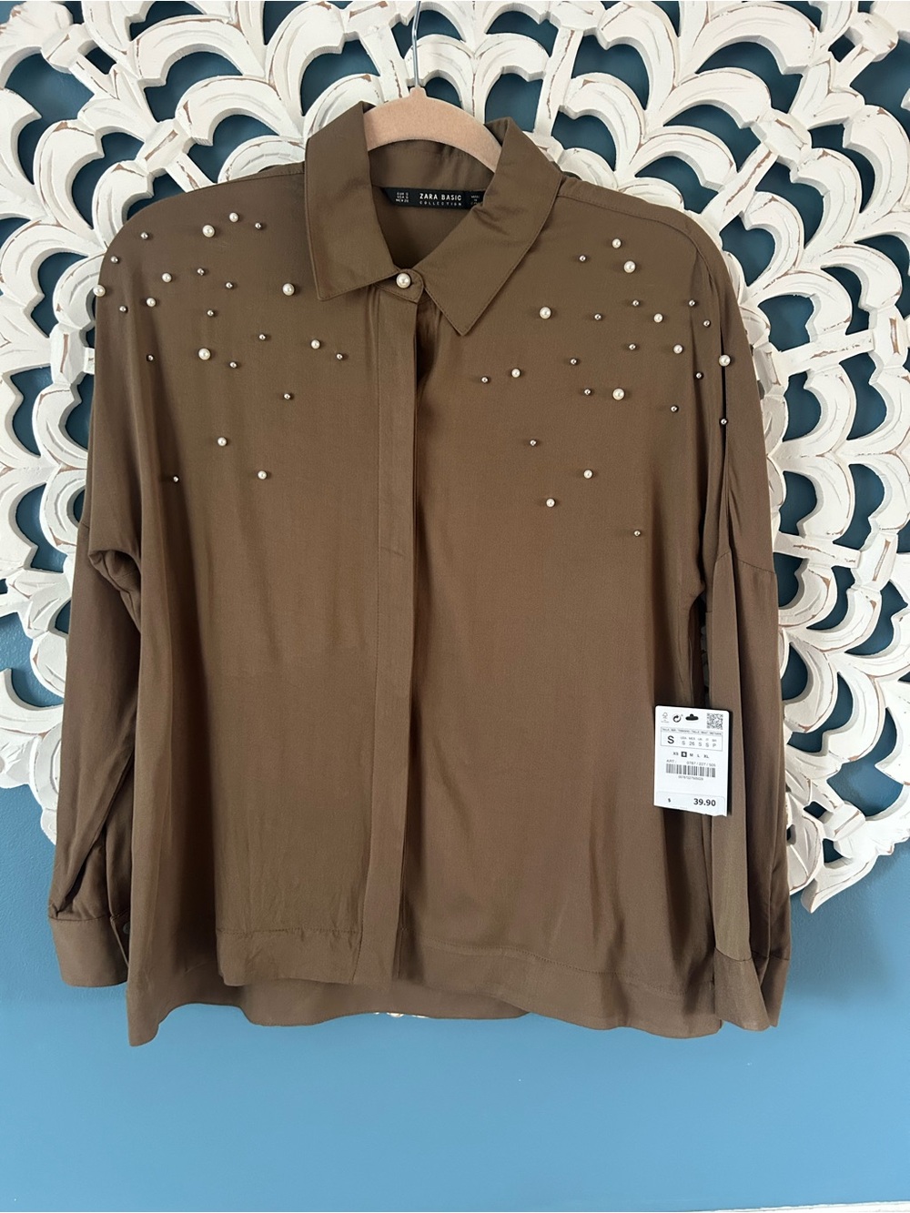 NWT Zara Basic Collection Button-Down Blouse with Pearl Embellishment